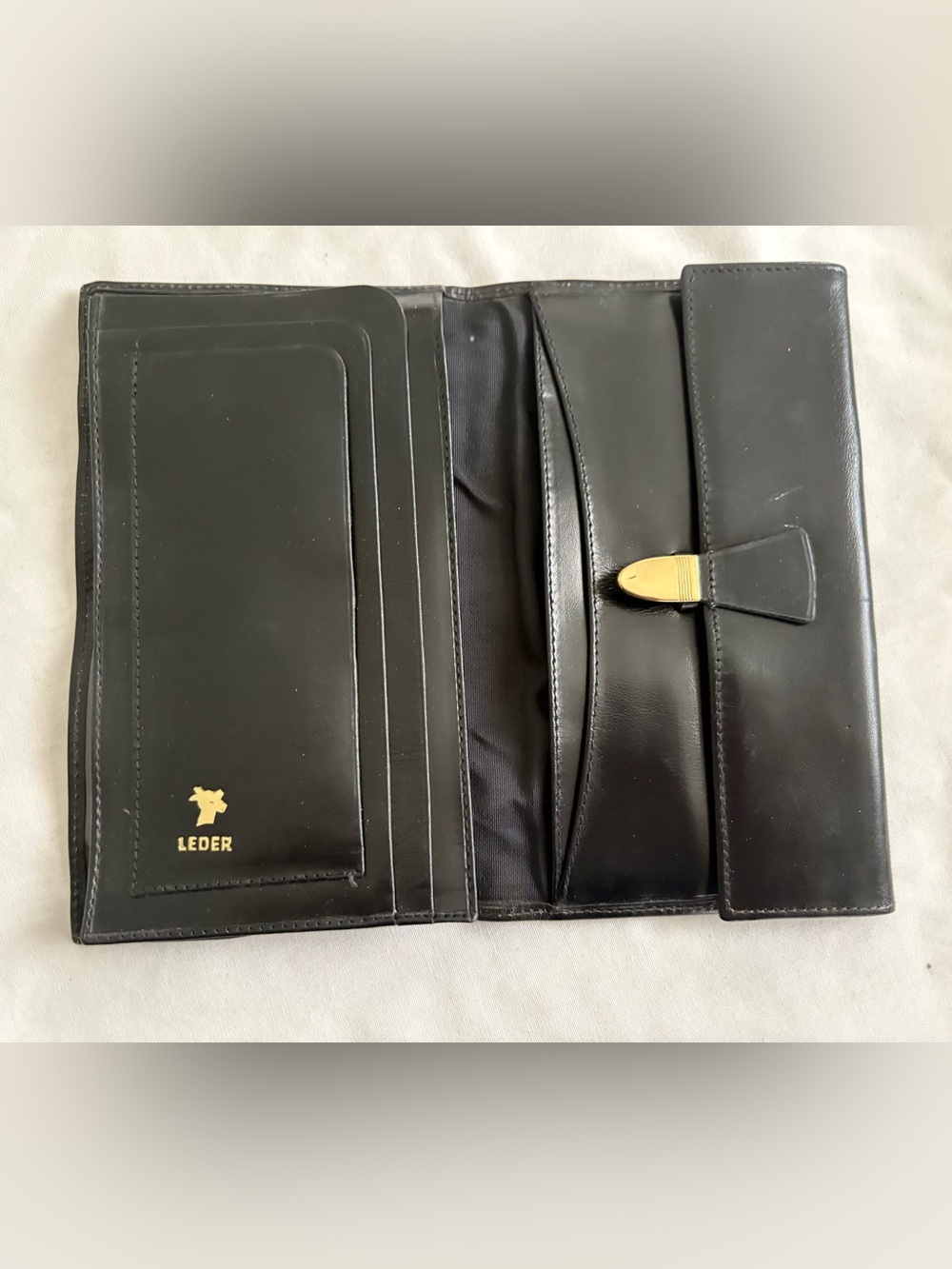 vintage black LEDER genuine leather long wallet featuring gold-tone hardware